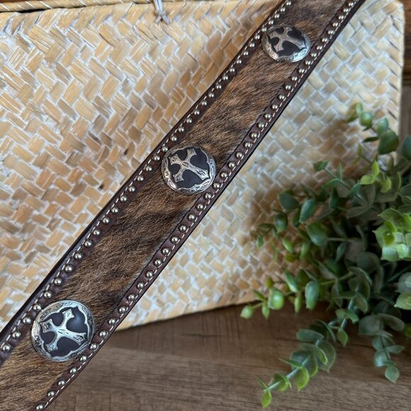 Vintage 90s 3D Hair-On Cowhide Cross Concho Hand-Tooled Western Belt - Men’s 34" - Picture 5 of 9